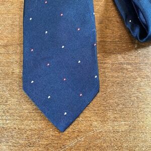 VTG  Christian Dior Men Silk Necktie Navy Blue With Micro Dots Red & White